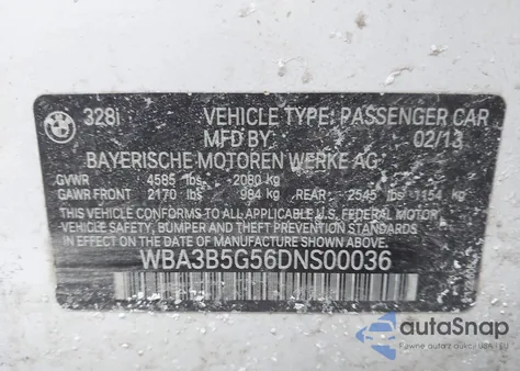 2013 BMW 328I xDrive z USA, uszkodzony, nr VIN WBA3B5G56DNS00036